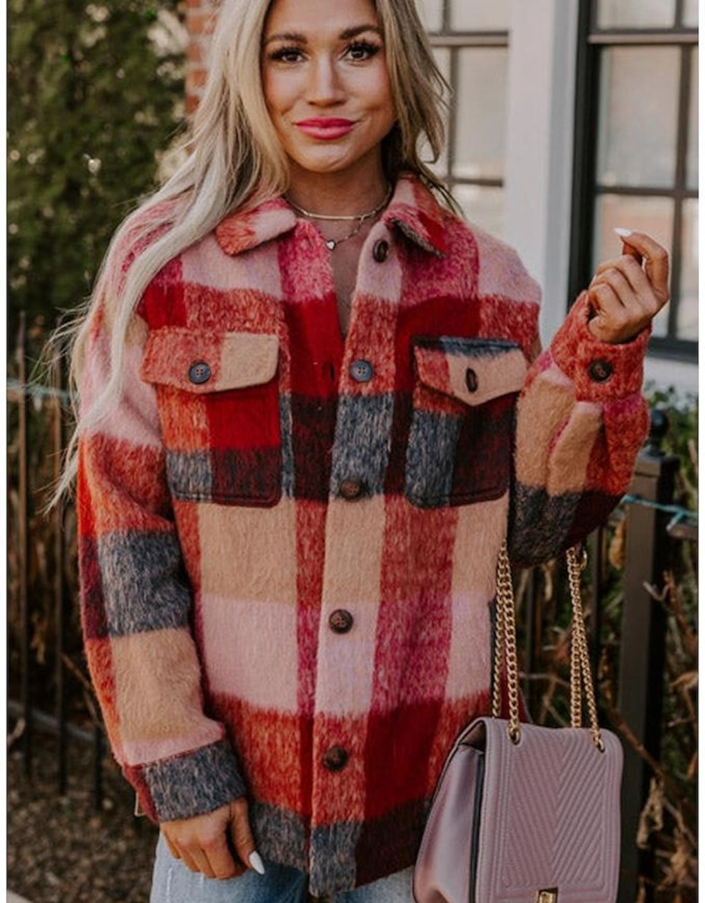 Orange Plaid Print Flap Pockets Buttoned Casual Plus Size Jacket