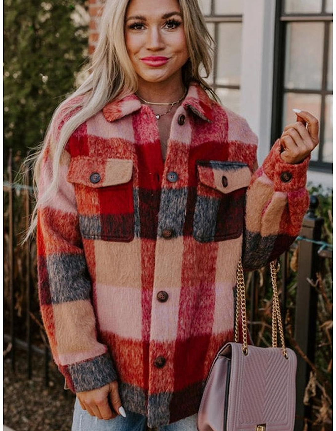 Orange Plaid Print Flap Pockets Buttoned Casual Plus Size Jacket
