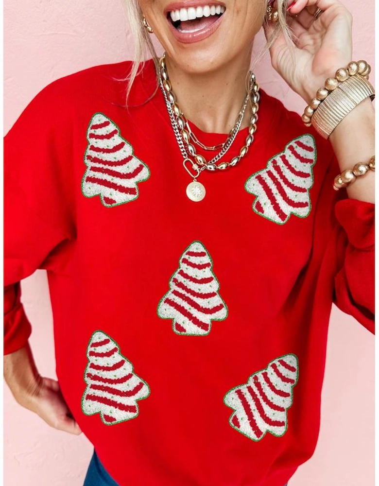 Red Playful Christmas Tree Patched Dropped Shoulder Sweatshirt