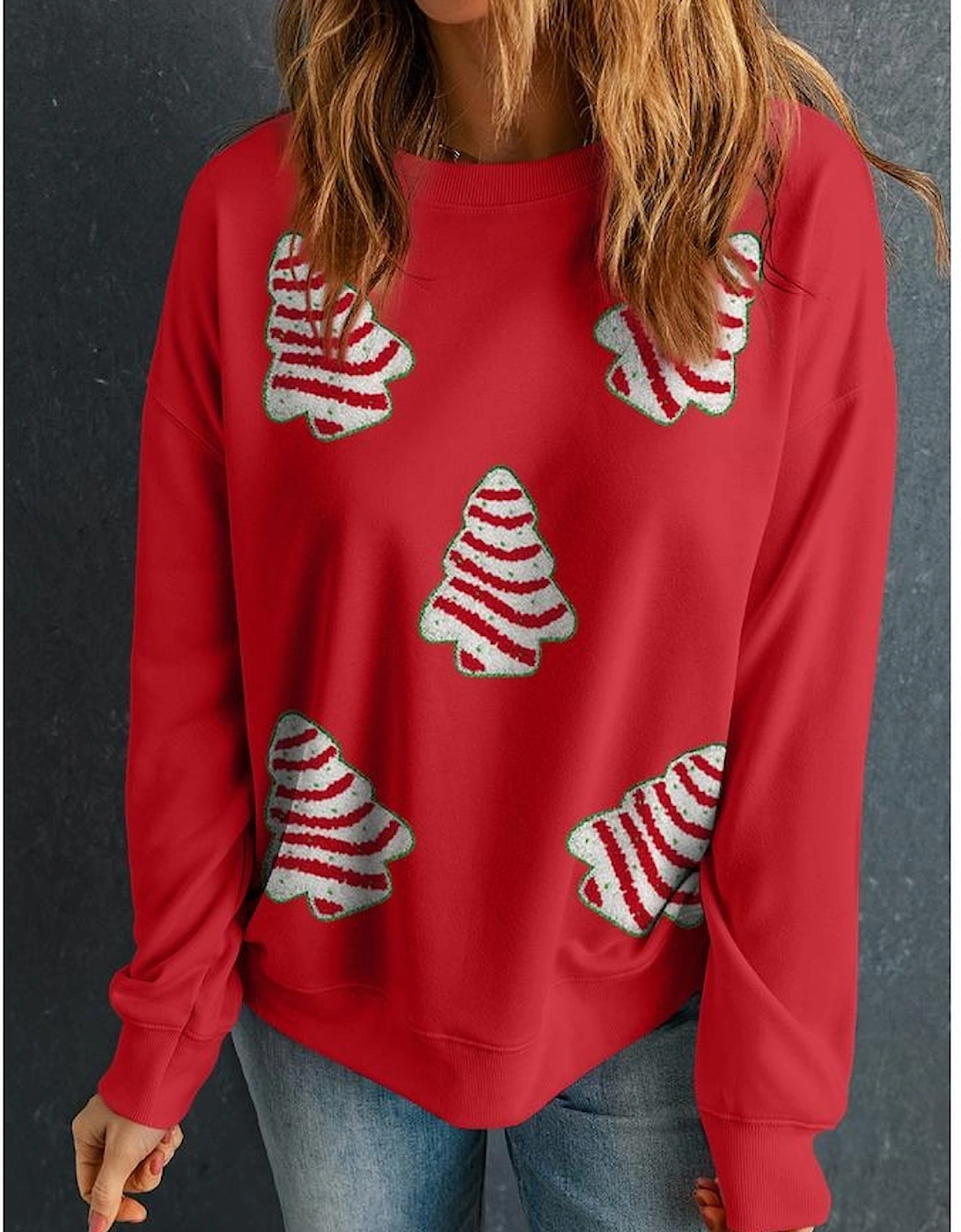 Red Playful Christmas Tree Patched Dropped Shoulder Sweatshirt