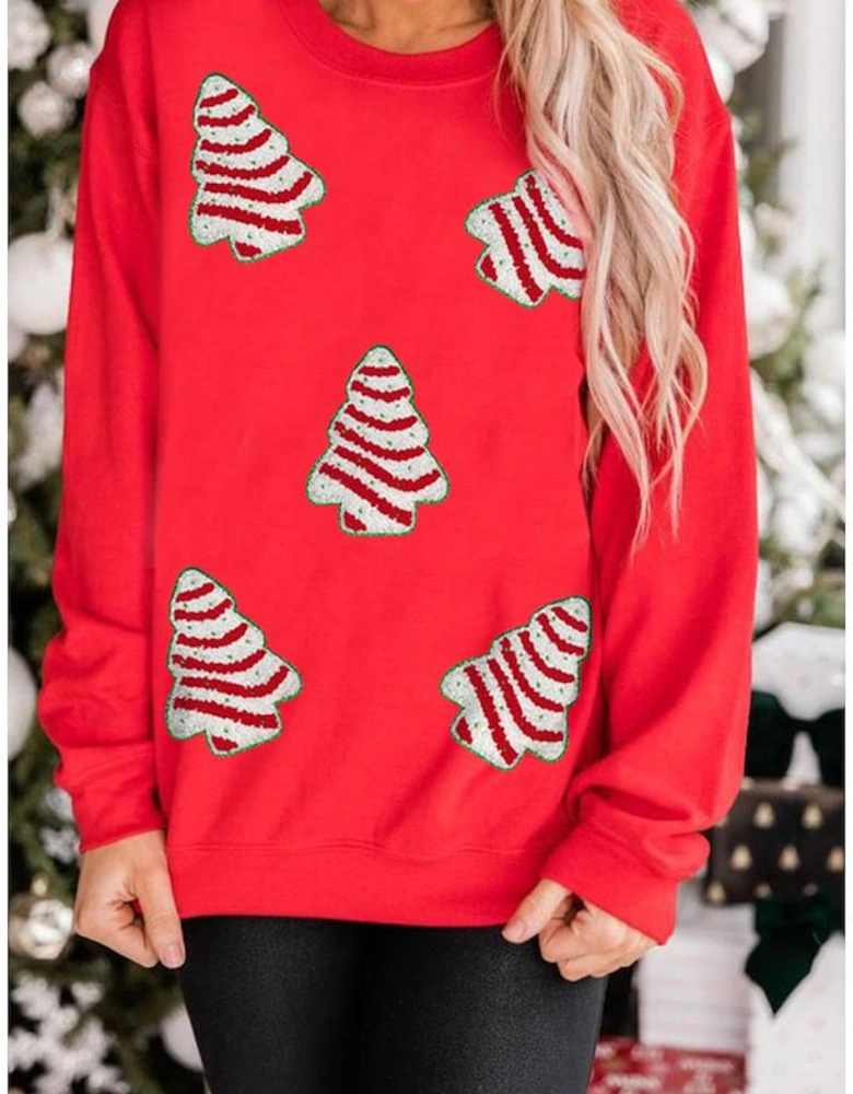 Red Playful Christmas Tree Patched Dropped Shoulder Sweatshirt