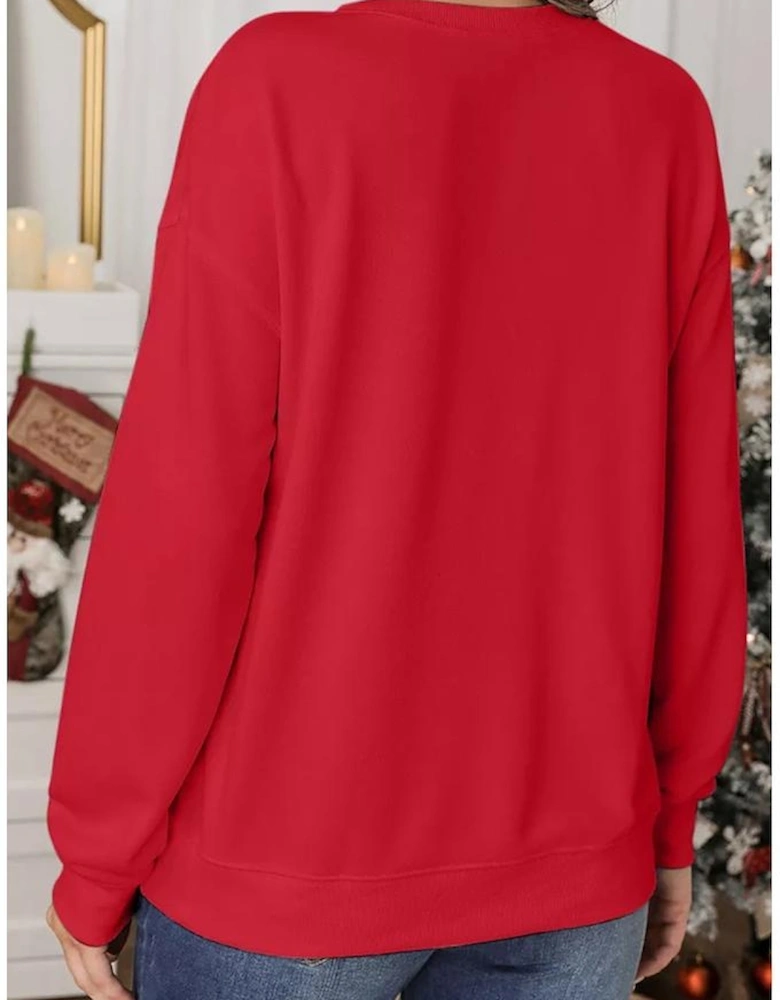 Red Playful Christmas Tree Patched Dropped Shoulder Sweatshirt