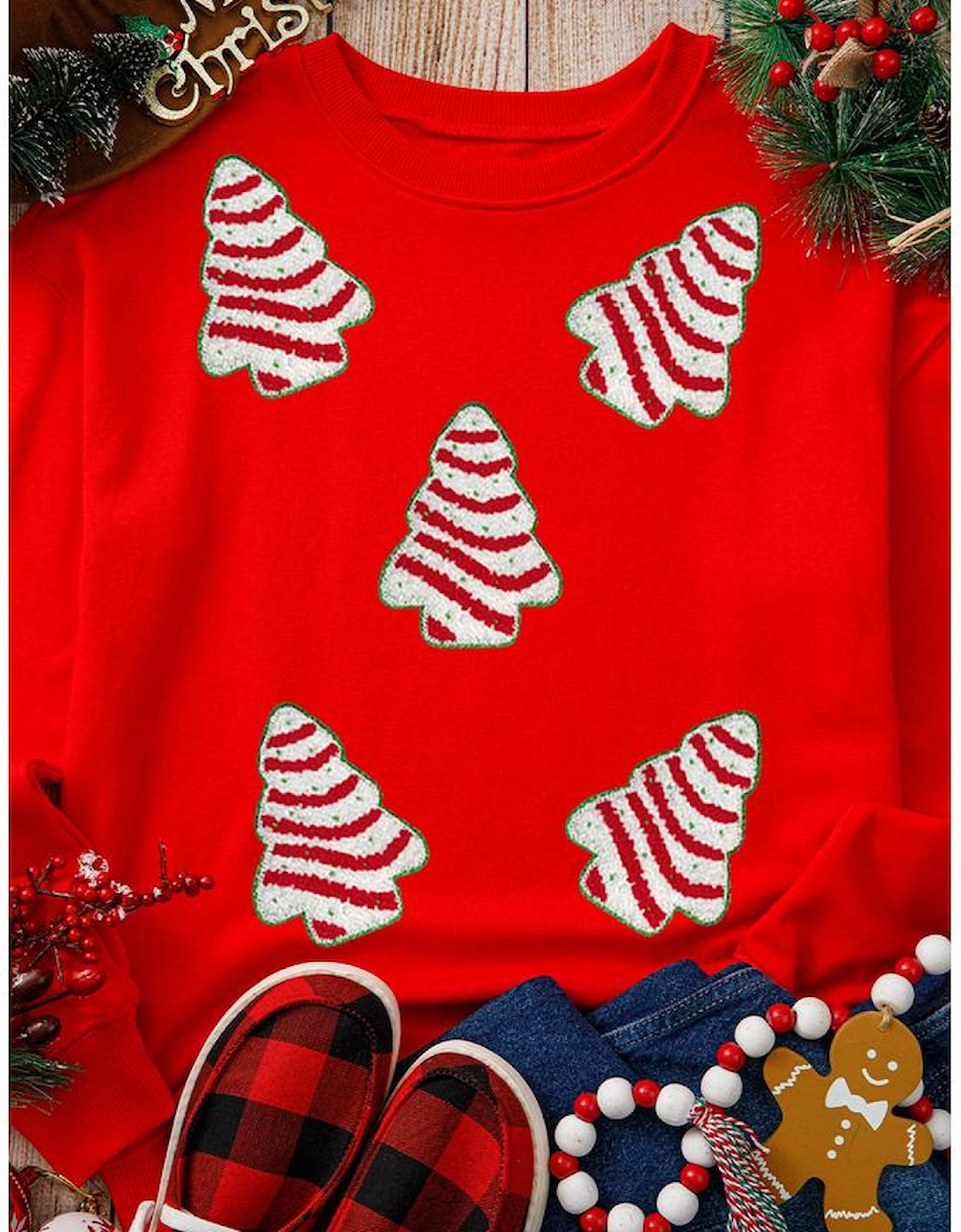 Red Playful Christmas Tree Patched Dropped Shoulder Sweatshirt