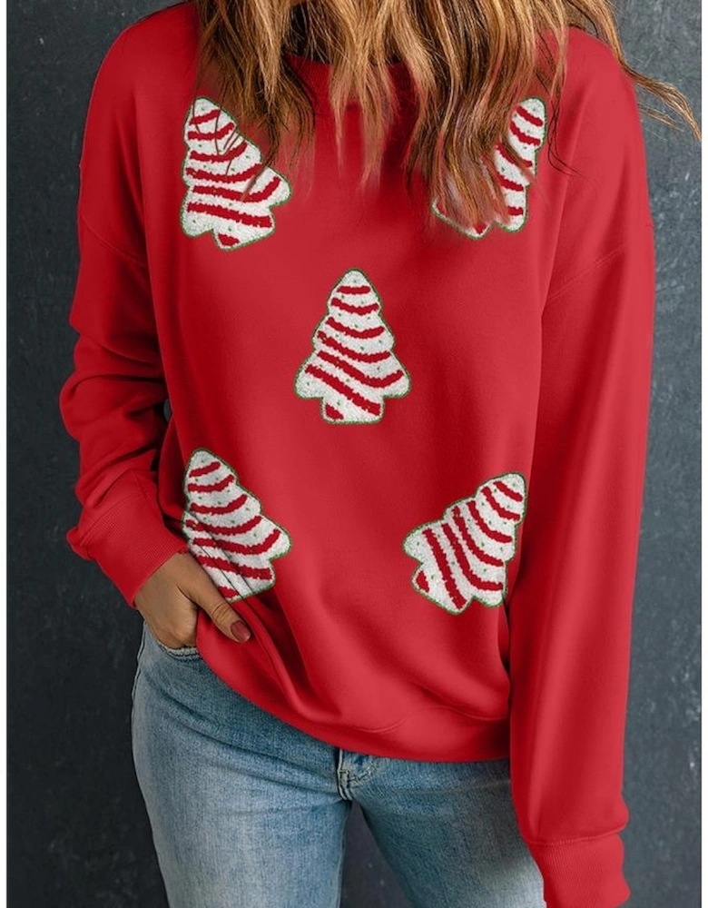 Red Playful Christmas Tree Patched Dropped Shoulder Sweatshirt