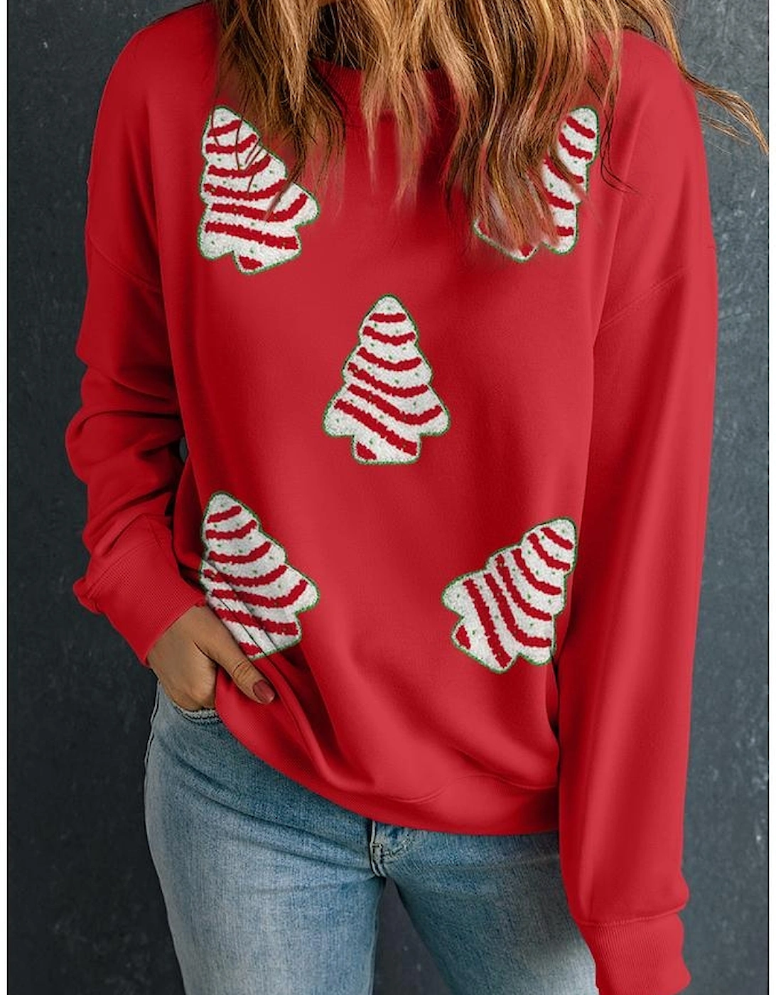 Red Playful Christmas Tree Patched Dropped Shoulder Sweatshirt