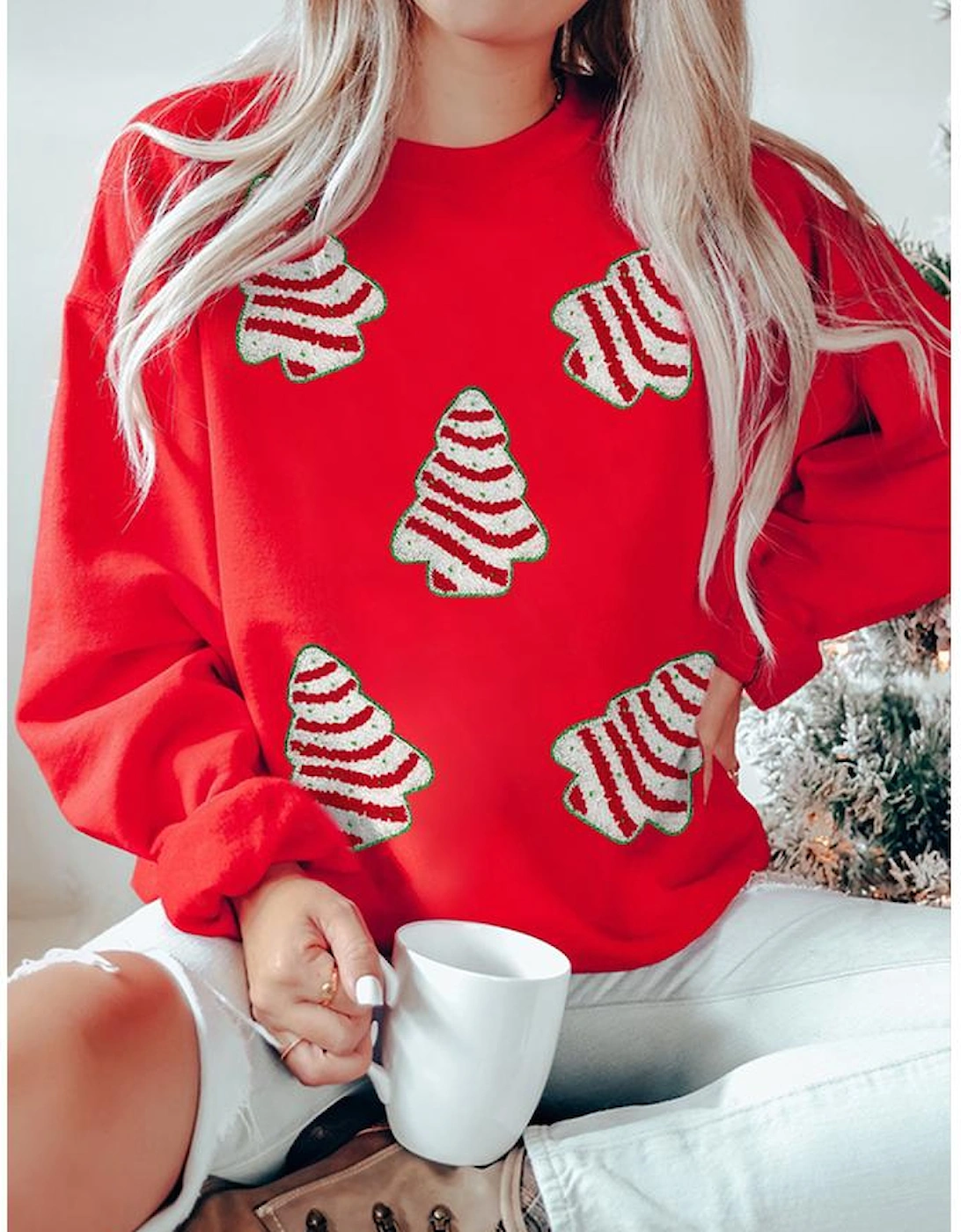 Red Playful Christmas Tree Patched Dropped Shoulder Sweatshirt