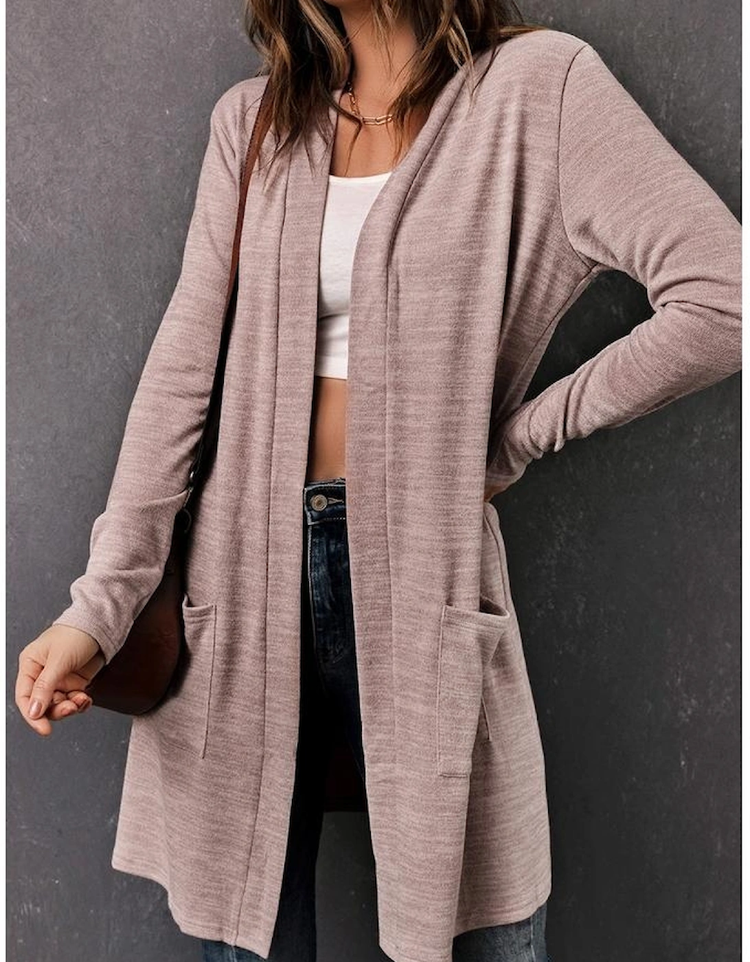 Pink Tunic Back Open Front Cardigan with Pockets