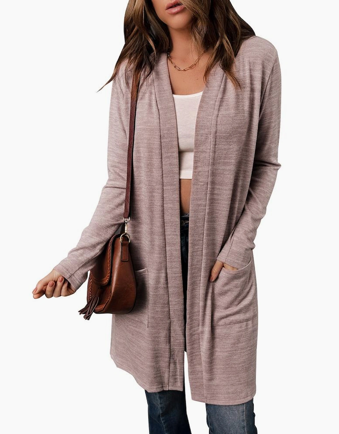 Pink Tunic Back Open Front Cardigan with Pockets