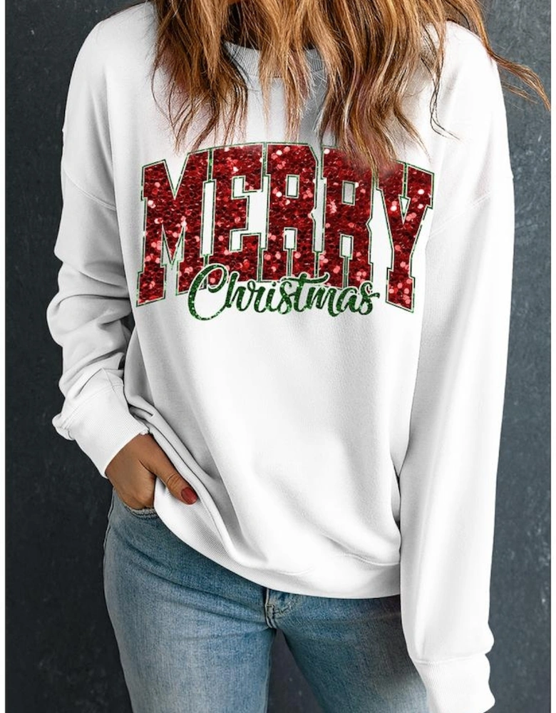 Beige MERRY Christmas Heat Transfer Printing Crewneck Pullover Sweatshirt