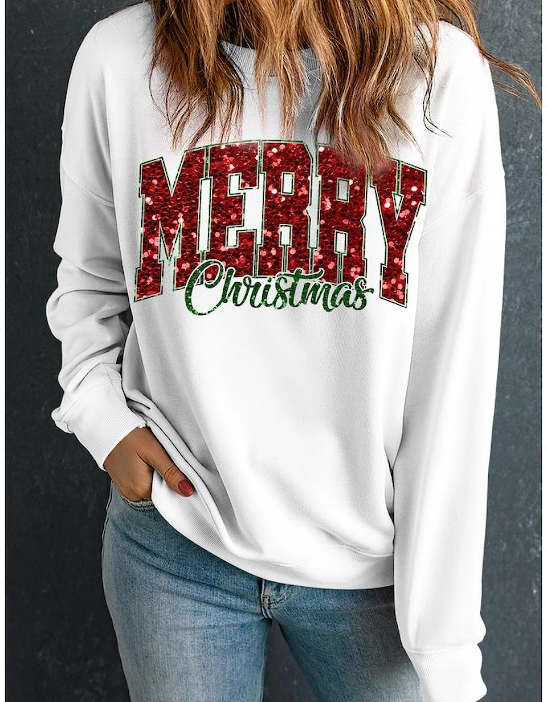 Beige MERRY Christmas Heat Transfer Printing Crewneck Pullover Sweatshirt