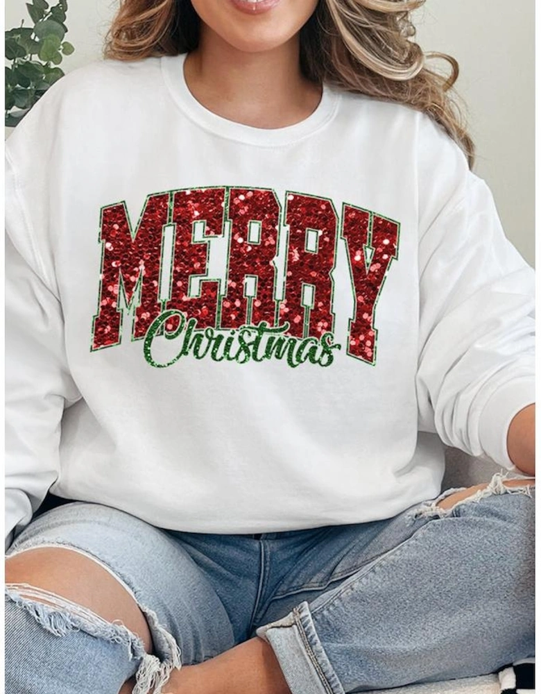 Beige MERRY Christmas Heat Transfer Printing Crewneck Pullover Sweatshirt