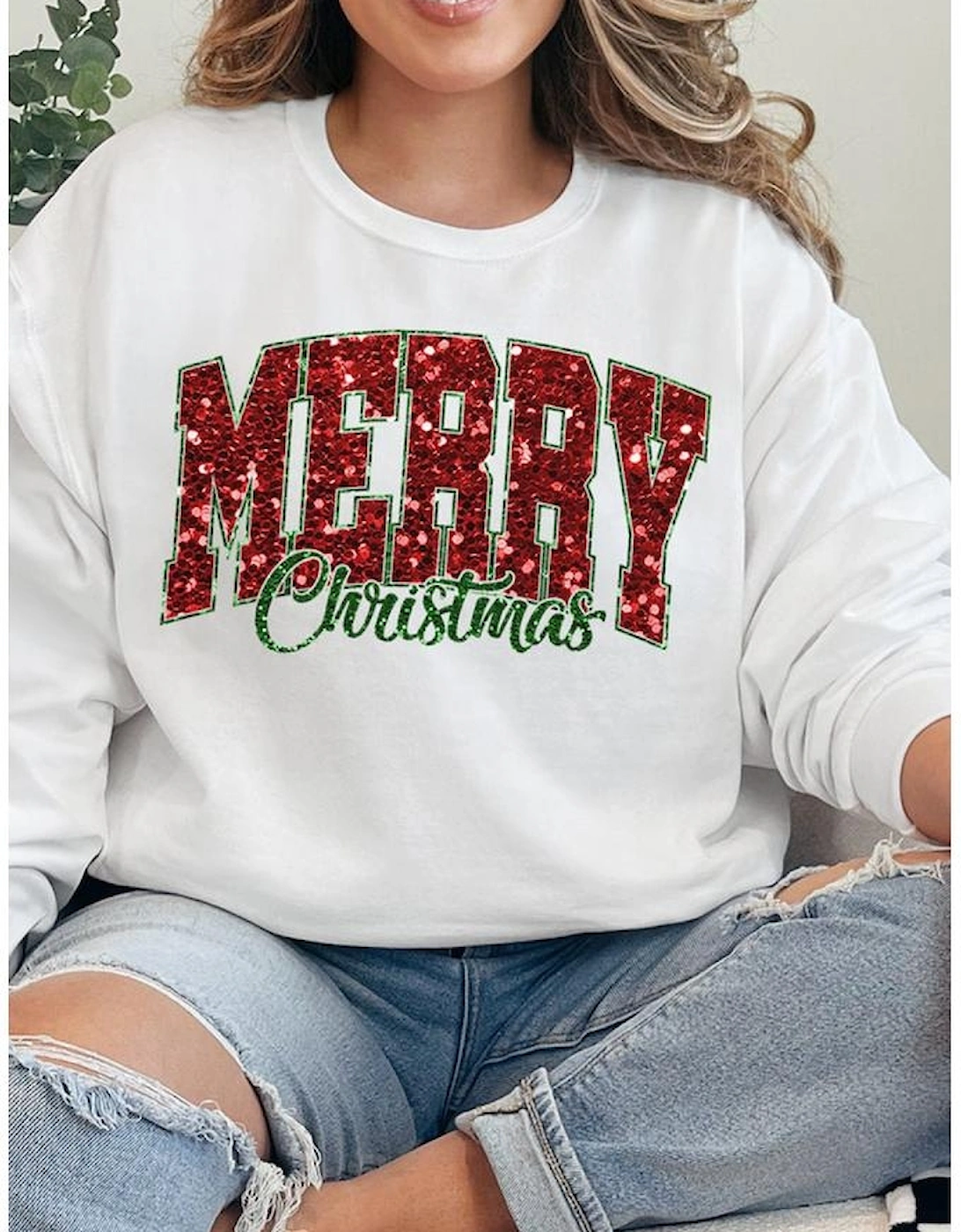 Beige MERRY Christmas Heat Transfer Printing Crewneck Pullover Sweatshirt