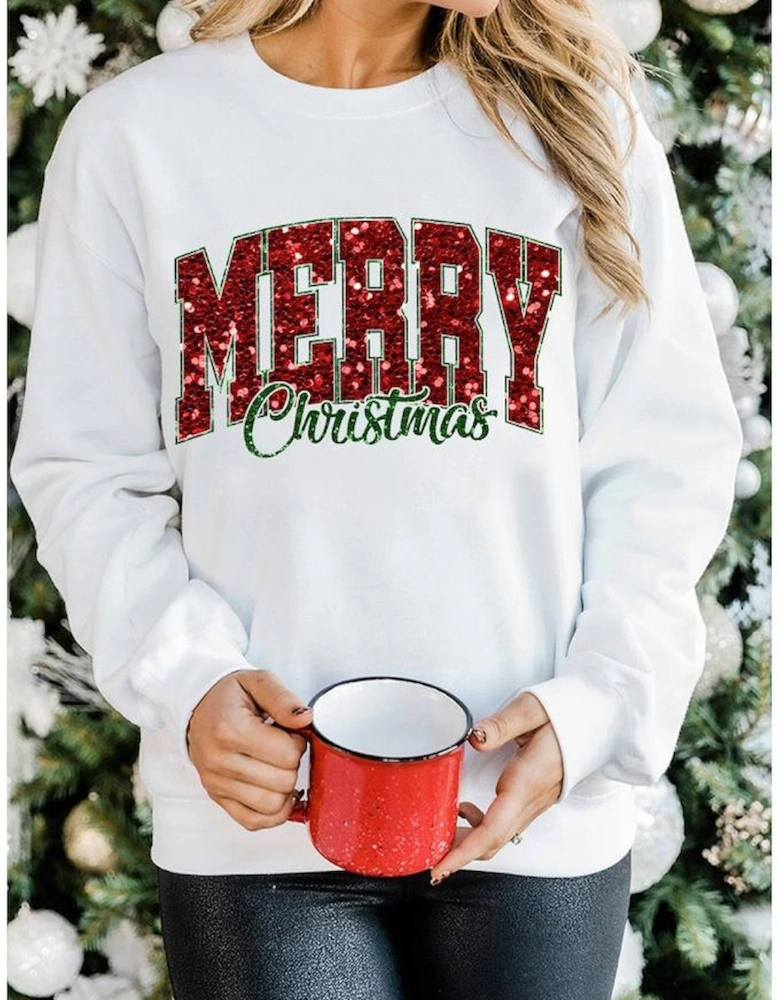Beige MERRY Christmas Heat Transfer Printing Crewneck Pullover Sweatshirt