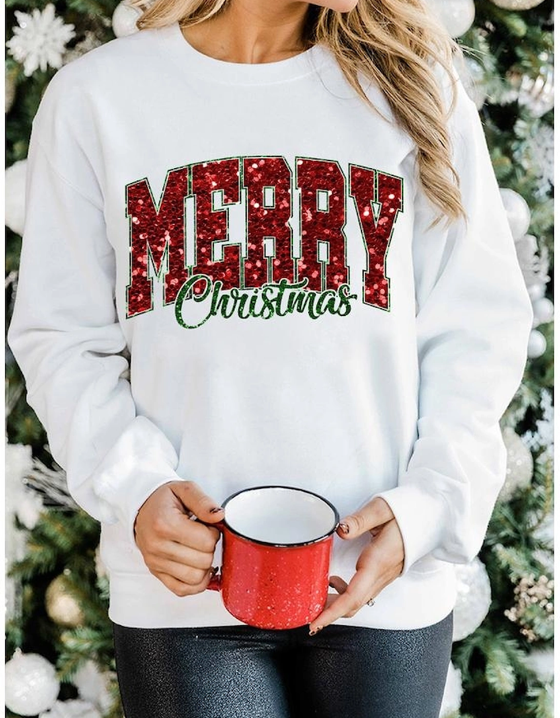 Beige MERRY Christmas Heat Transfer Printing Crewneck Pullover Sweatshirt