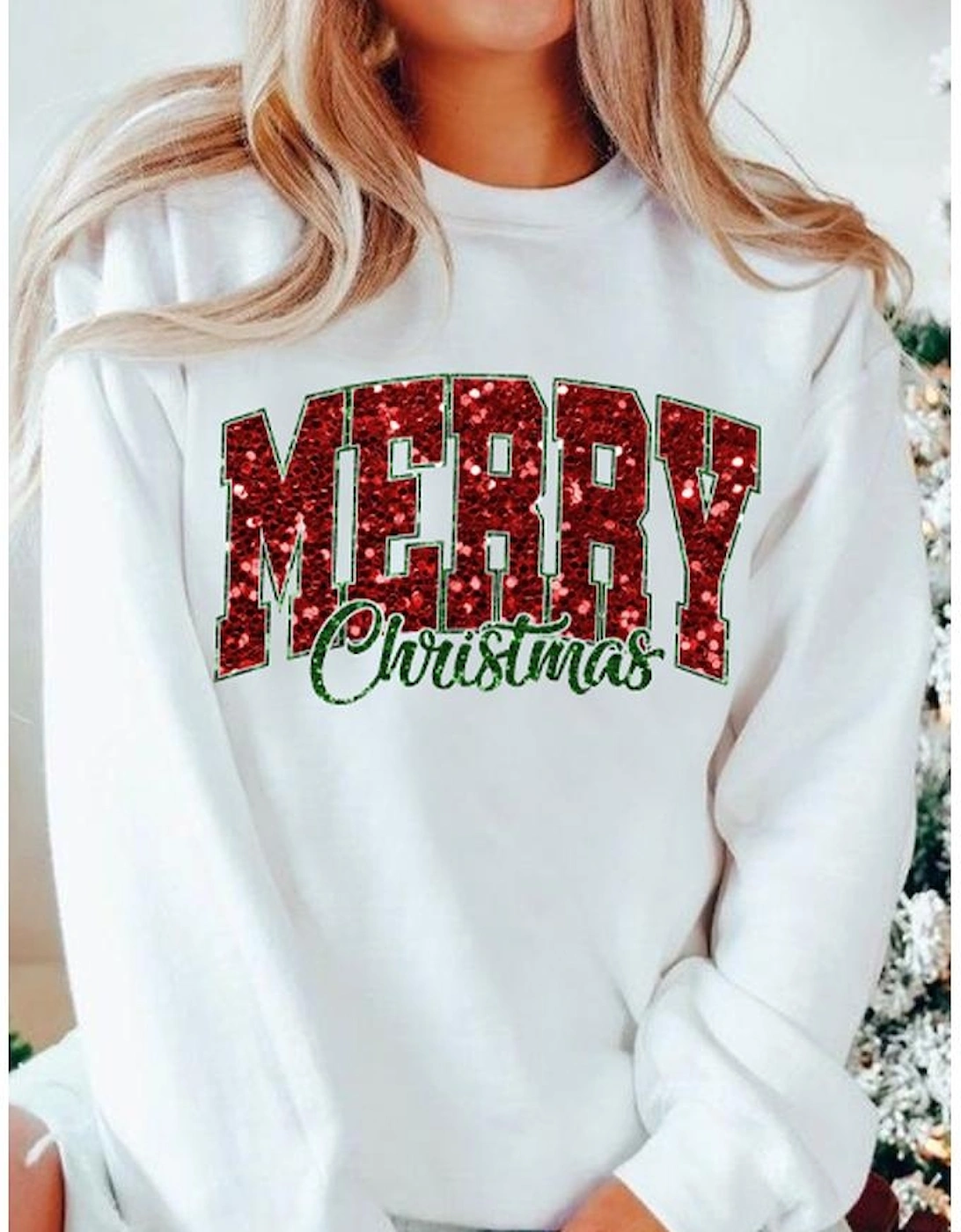 Beige MERRY Christmas Heat Transfer Printing Crewneck Pullover Sweatshirt