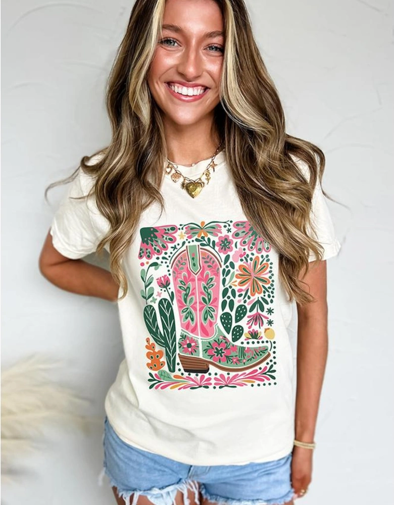 White Western Boot Flower Print Crew Neck Loose Tee