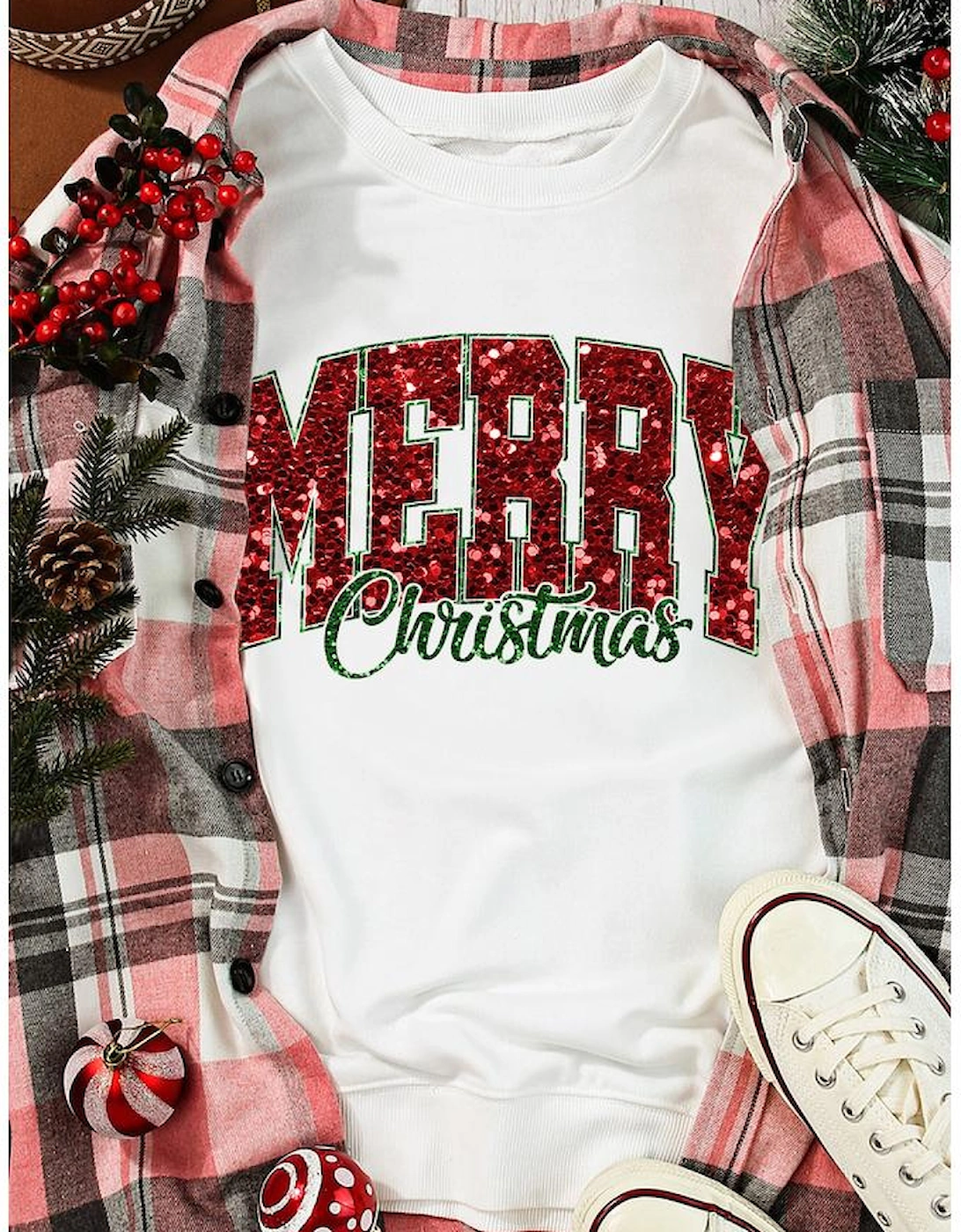 Beige MERRY Christmas Heat Transfer Printing Crewneck Pullover Sweatshirt