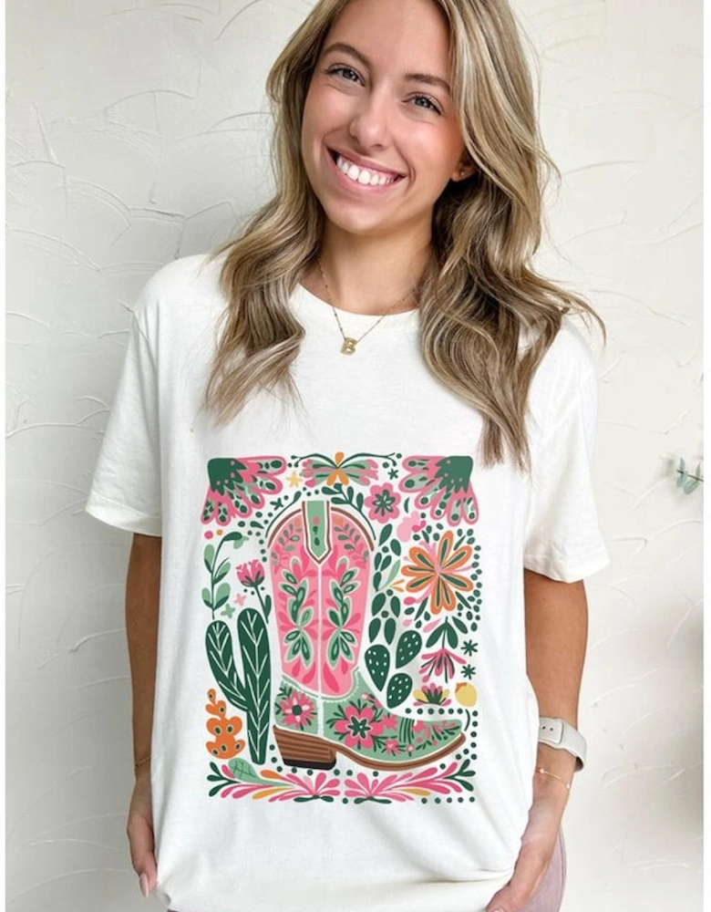 White Western Boot Flower Print Crew Neck Loose Tee