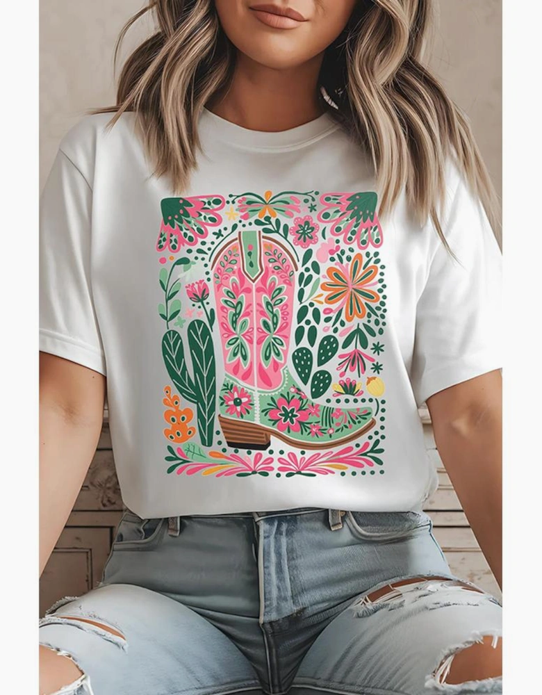 White Western Boot Flower Print Crew Neck Loose Tee