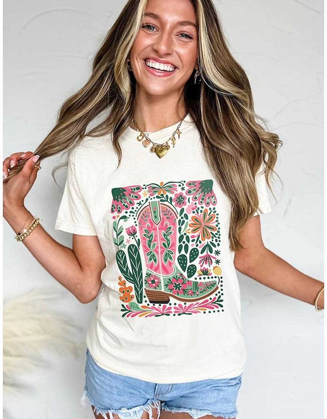 White Western Boot Flower Print Crew Neck Loose Tee