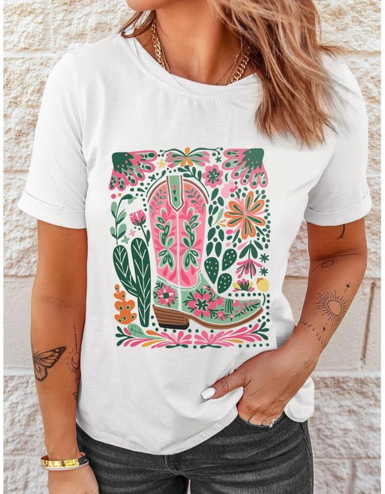White Western Boot Flower Print Crew Neck Loose Tee
