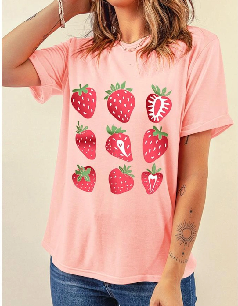 Pink Strawberry Fruit Pattern Graphic Tee