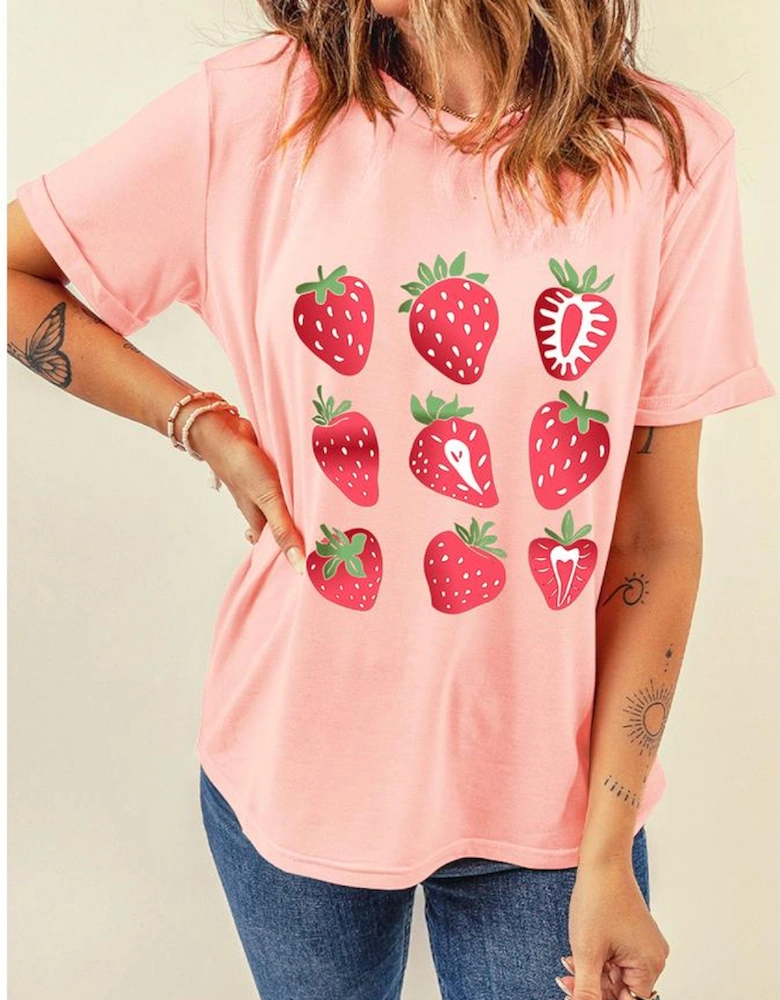 Pink Strawberry Fruit Pattern Graphic Tee