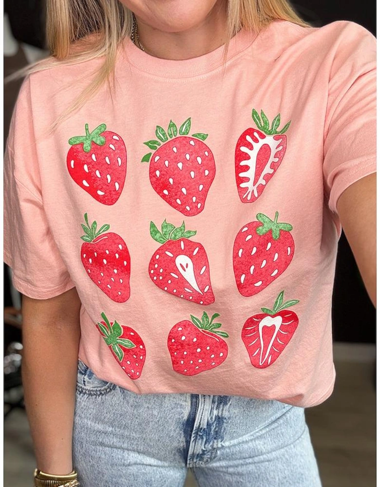 Pink Strawberry Fruit Pattern Graphic Tee