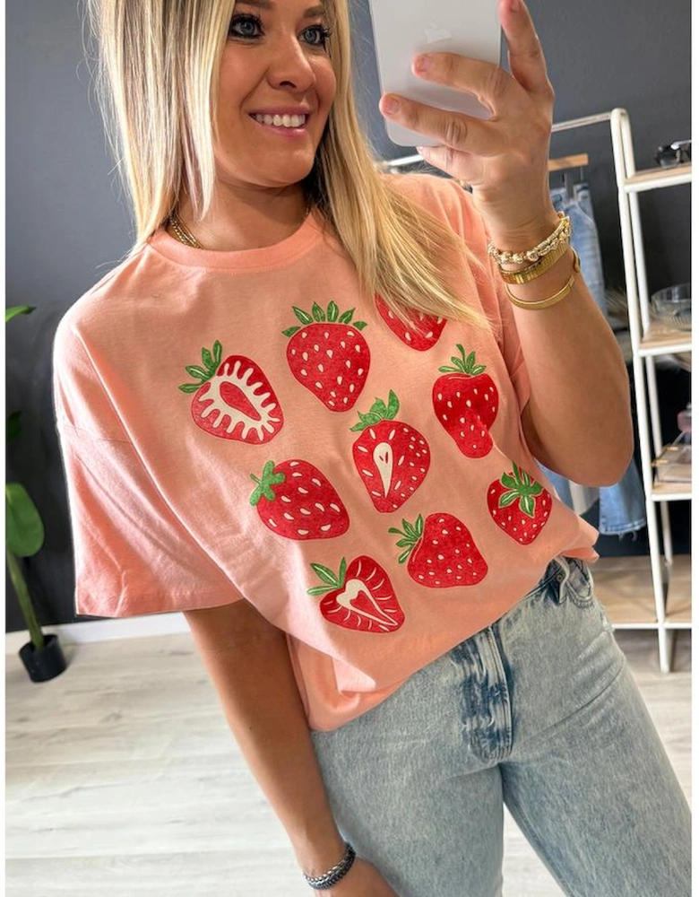 Pink Strawberry Fruit Pattern Graphic Tee