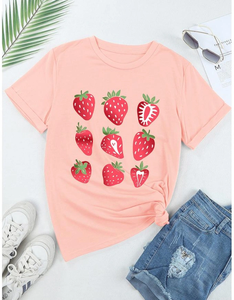 Pink Strawberry Fruit Pattern Graphic Tee
