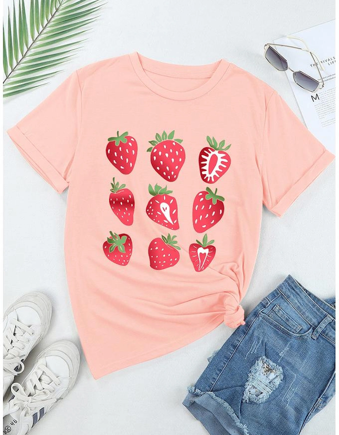 Pink Strawberry Fruit Pattern Graphic Tee