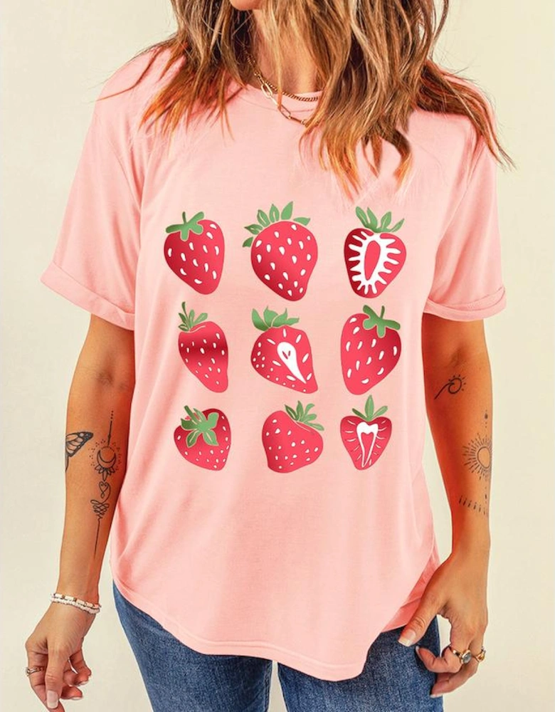 Pink Strawberry Fruit Pattern Graphic Tee