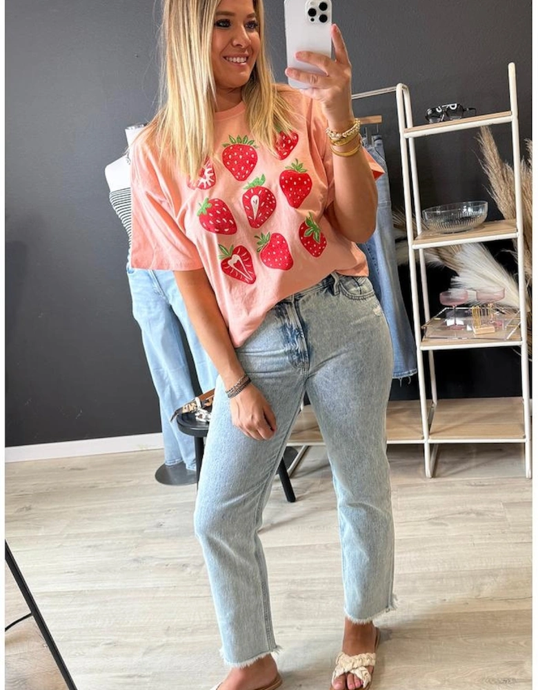Pink Strawberry Fruit Pattern Graphic Tee