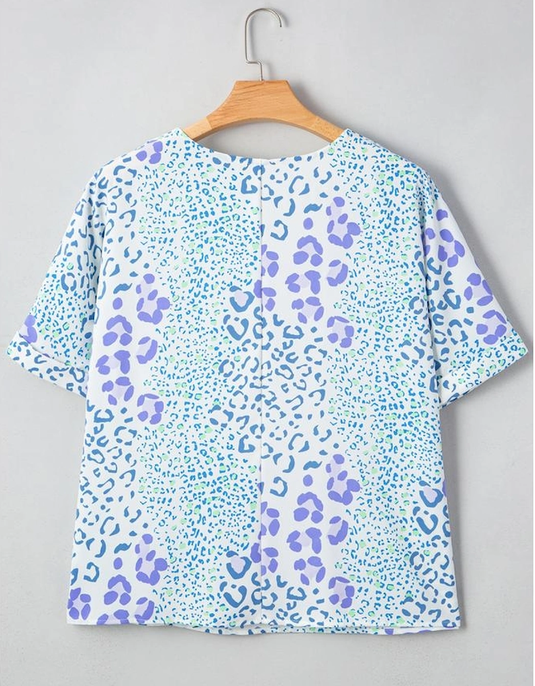 Sky Blue Leopard Print Short Sleeve V Neck Plus Size Top