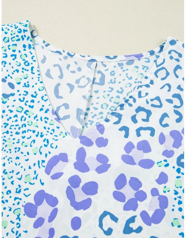 Sky Blue Leopard Print Short Sleeve V Neck Plus Size Top
