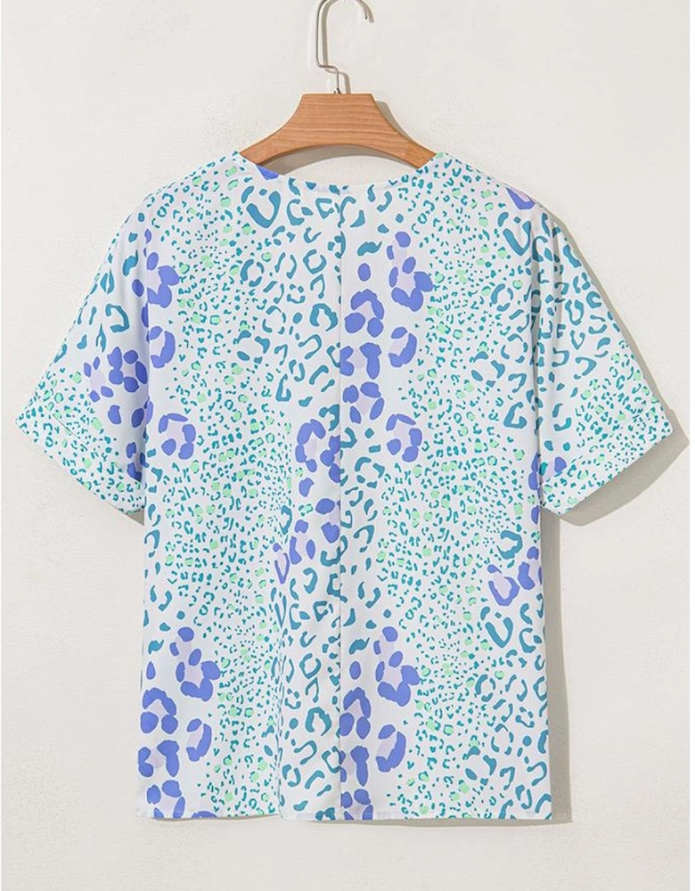 Sky Blue Leopard Print Short Sleeve V Neck Plus Size Top
