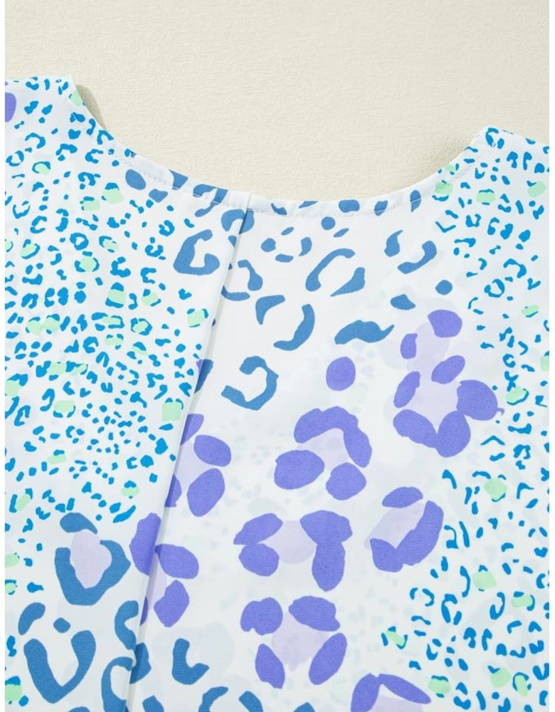 Sky Blue Leopard Print Short Sleeve V Neck Plus Size Top