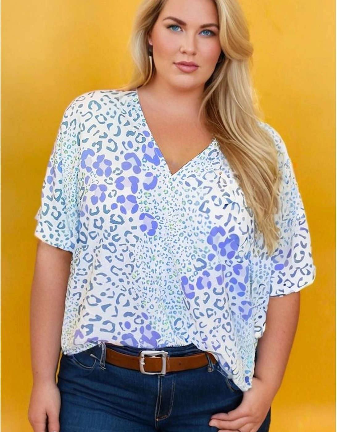 Sky Blue Leopard Print Short Sleeve V Neck Plus Size Top, 10 of 9