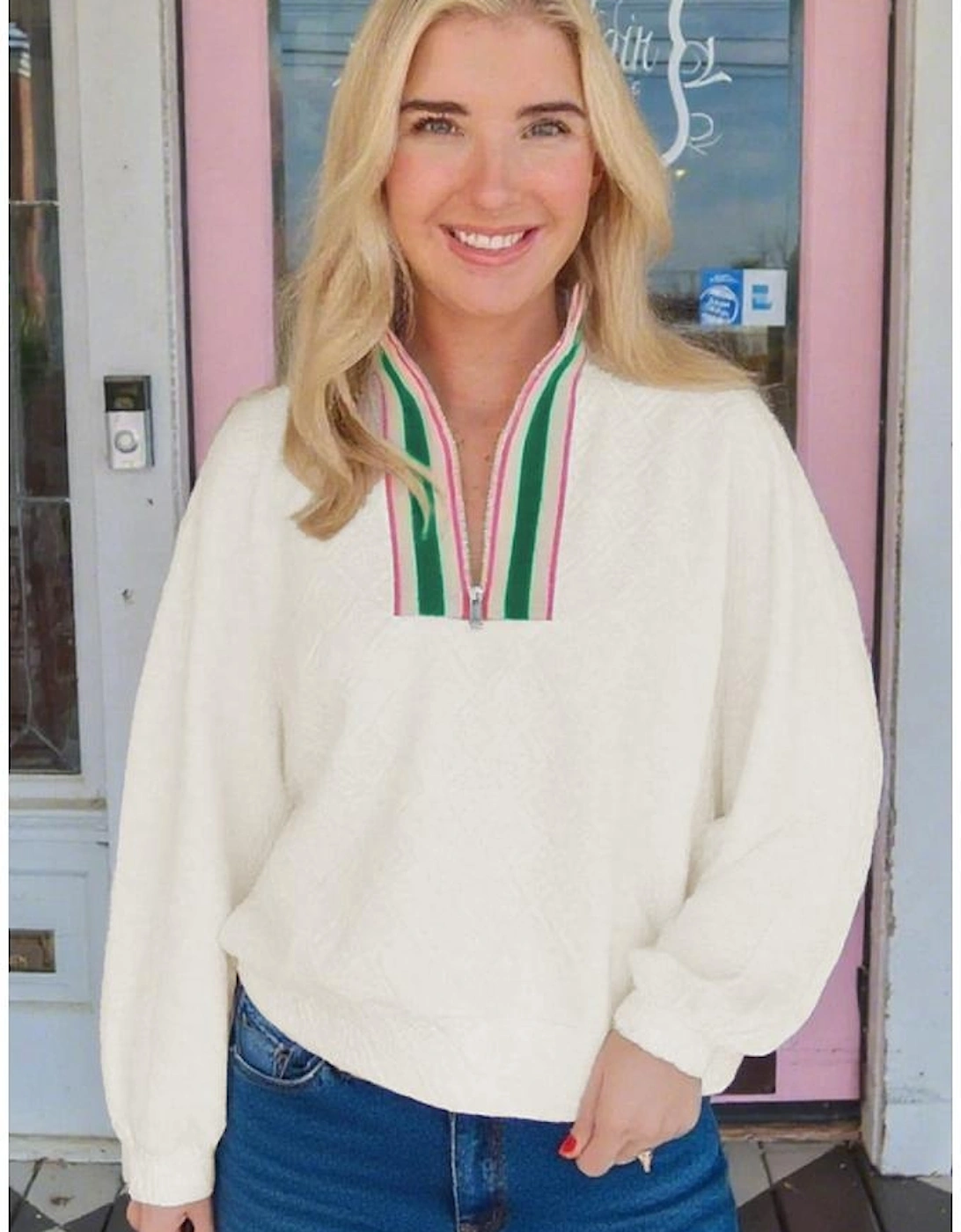 Beige Plus Size Rhombus Texture Contrast Striped Collar Baggy Sweatshirt