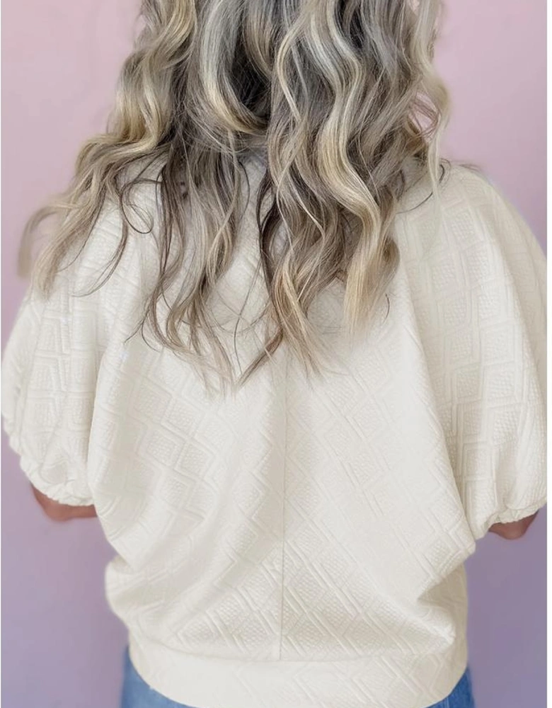 Beige Plus Size Rhombus Texture Contrast Striped Collar Baggy Sweatshirt