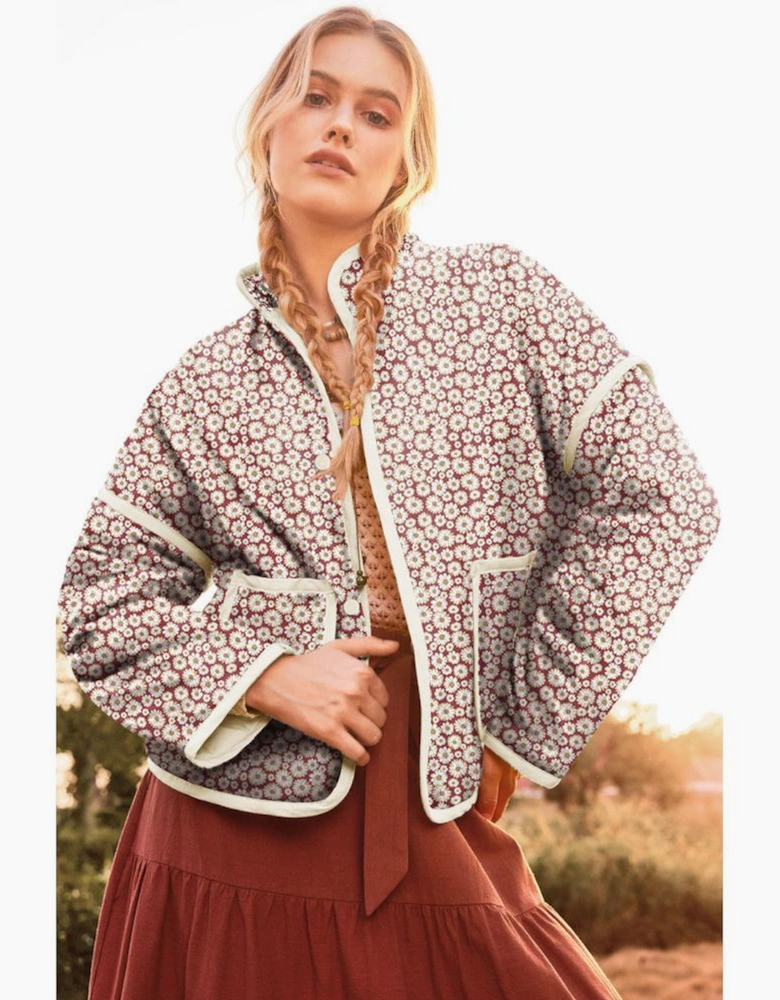 Pink Floral Print Contrast Edge Pocketed Stand Neck Jacket