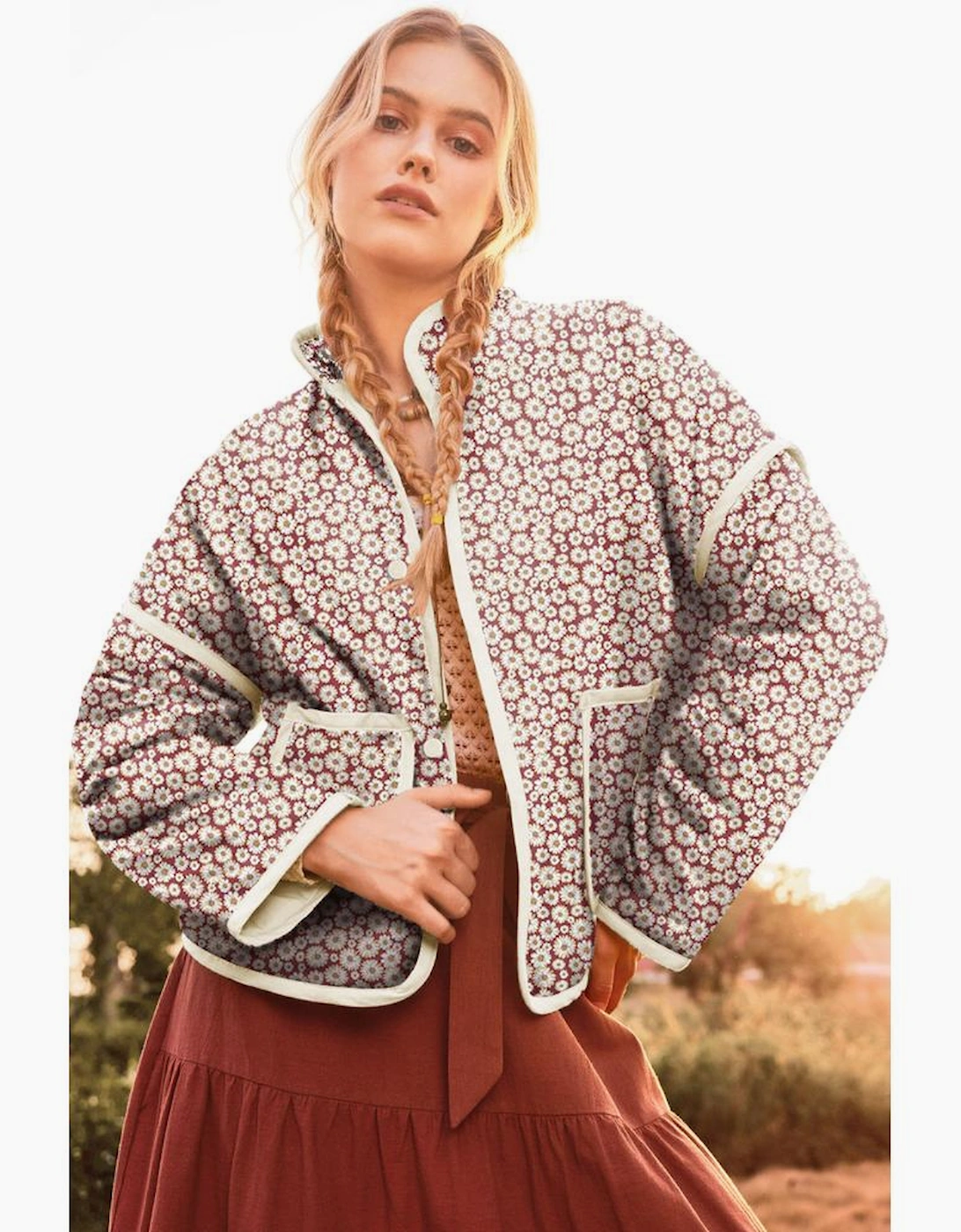 Pink Floral Print Contrast Edge Pocketed Stand Neck Jacket