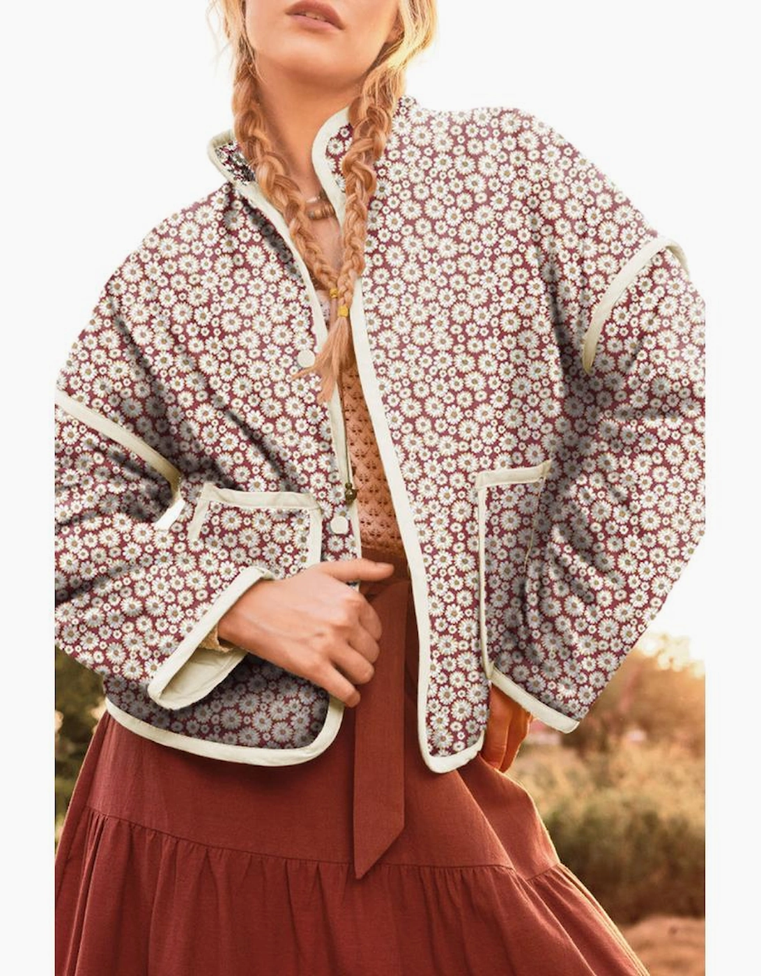 Pink Floral Print Contrast Edge Pocketed Stand Neck Jacket