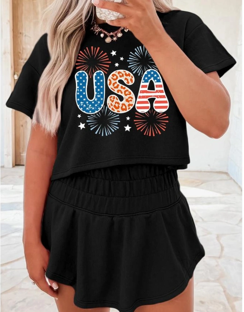 Black Firework USA Graphic Tee and Smocked Waistband Skort Set