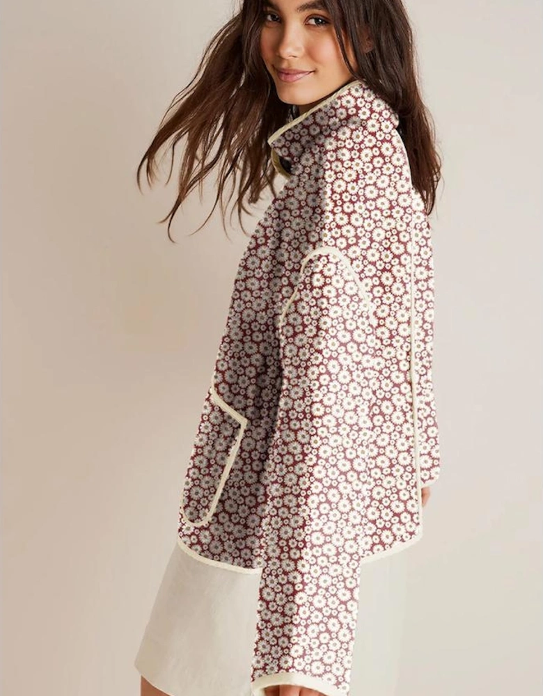 Pink Floral Print Contrast Edge Pocketed Stand Neck Jacket
