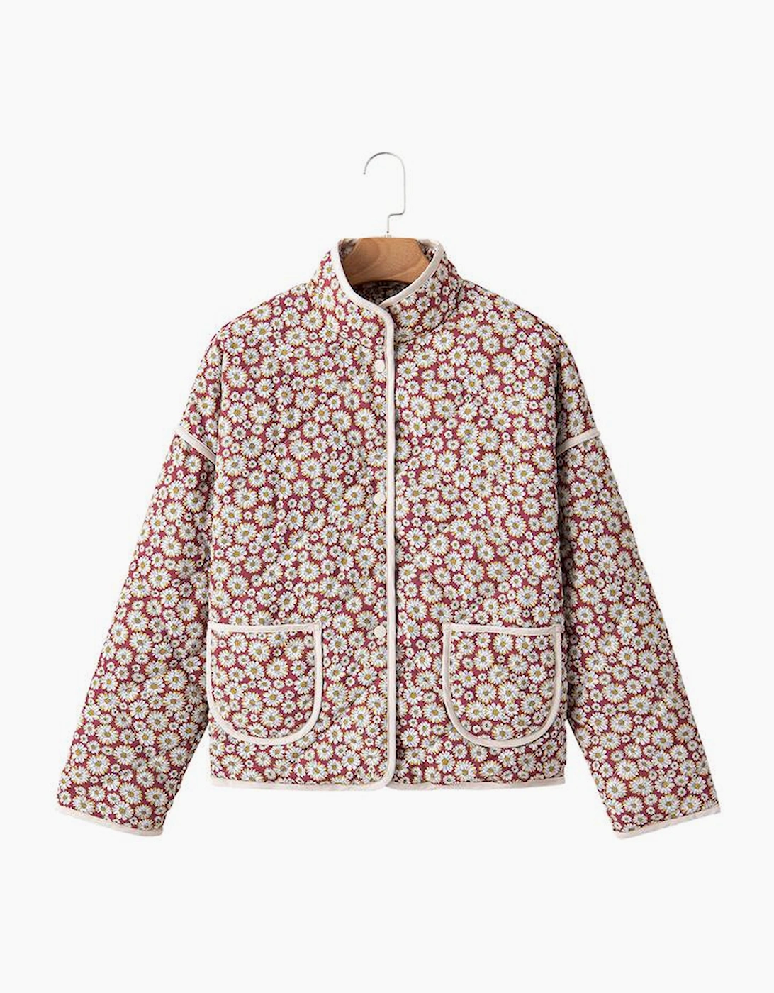 Pink Floral Print Contrast Edge Pocketed Stand Neck Jacket