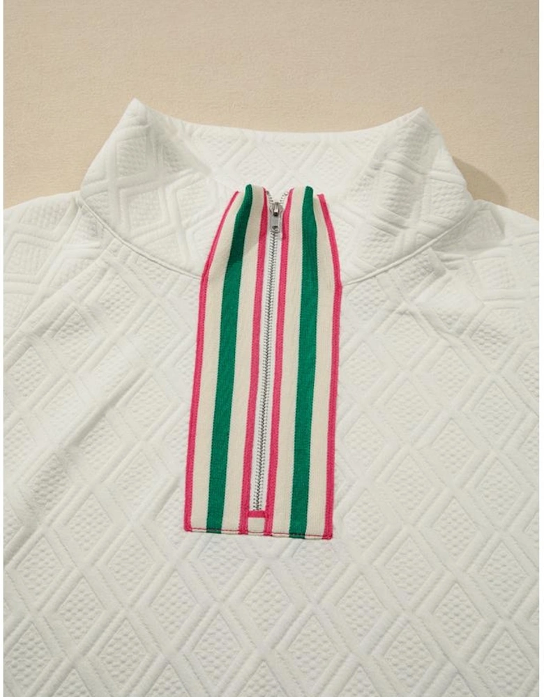 Beige Plus Size Rhombus Texture Contrast Striped Collar Baggy Sweatshirt