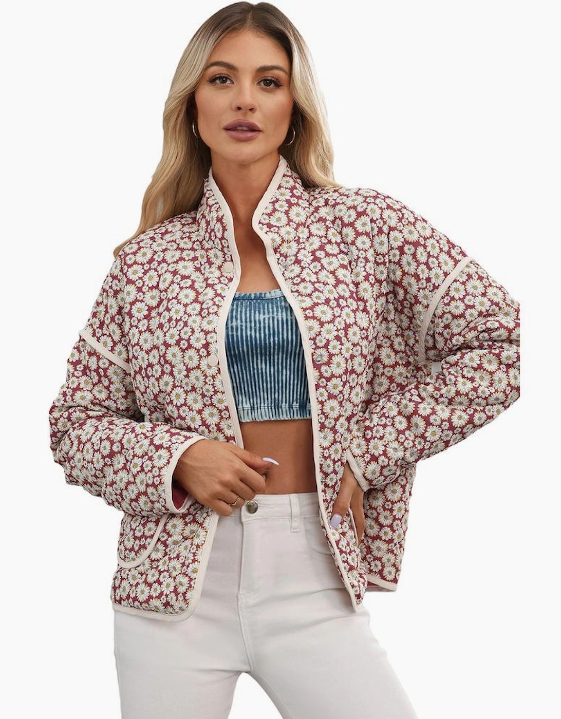 Pink Floral Print Contrast Edge Pocketed Stand Neck Jacket
