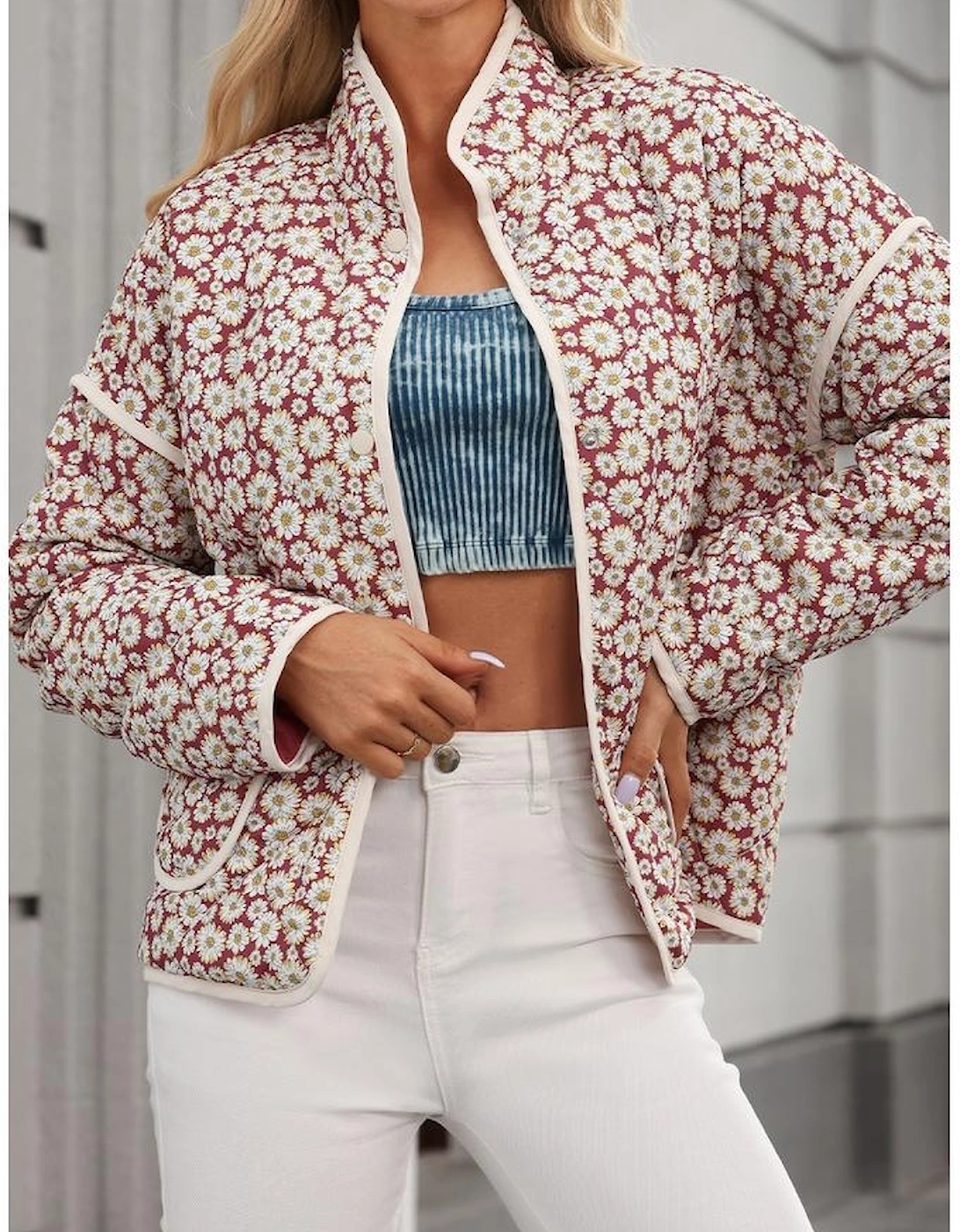 Pink Floral Print Contrast Edge Pocketed Stand Neck Jacket, 13 of 12