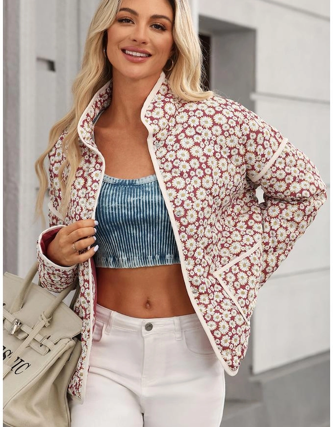 Pink Floral Print Contrast Edge Pocketed Stand Neck Jacket
